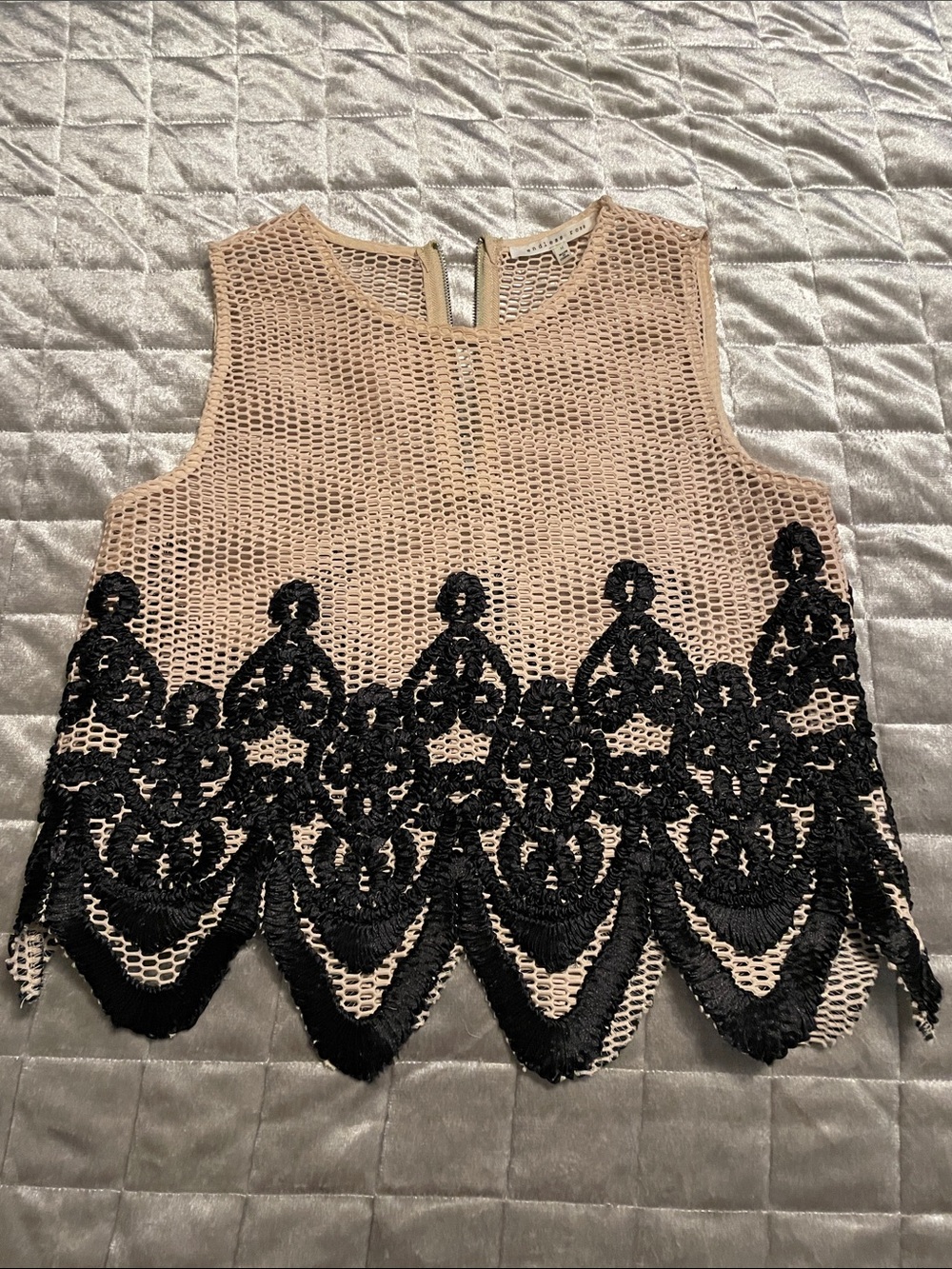 Endless Rose Nude Mesh Crop Top with Black Lace Appliqué